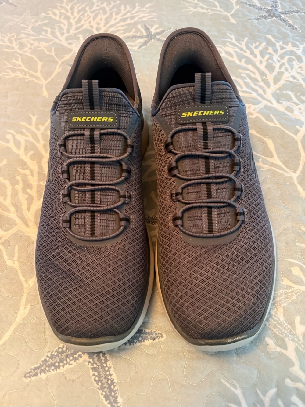 Skechers Men’s Slip-On Knit Sneakers in Charcoal with Yellow Logo